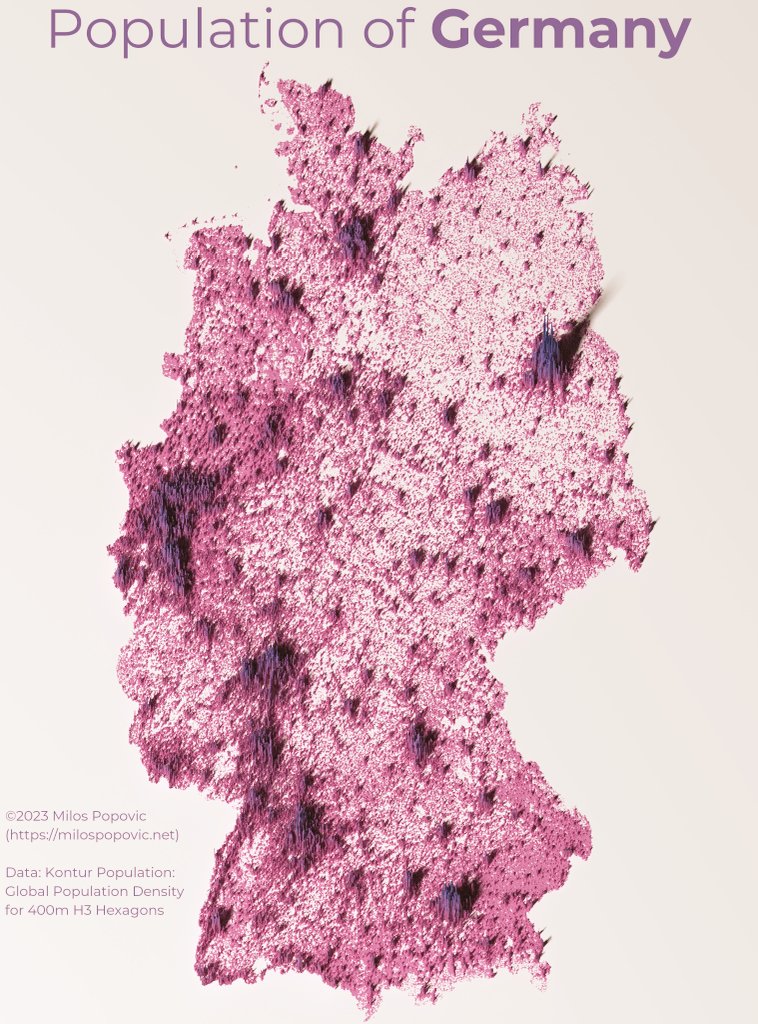 Yesterday was the World population day and my new 3D map shows the population of Germany🇩🇪 in 2022. Did you know that 18% of its population were immigrants in 2022?

#Deutschland #geospatial #DataScience #dataviz #maps #rayshader #WorldPopulationDay #WorldPopulationDay2023