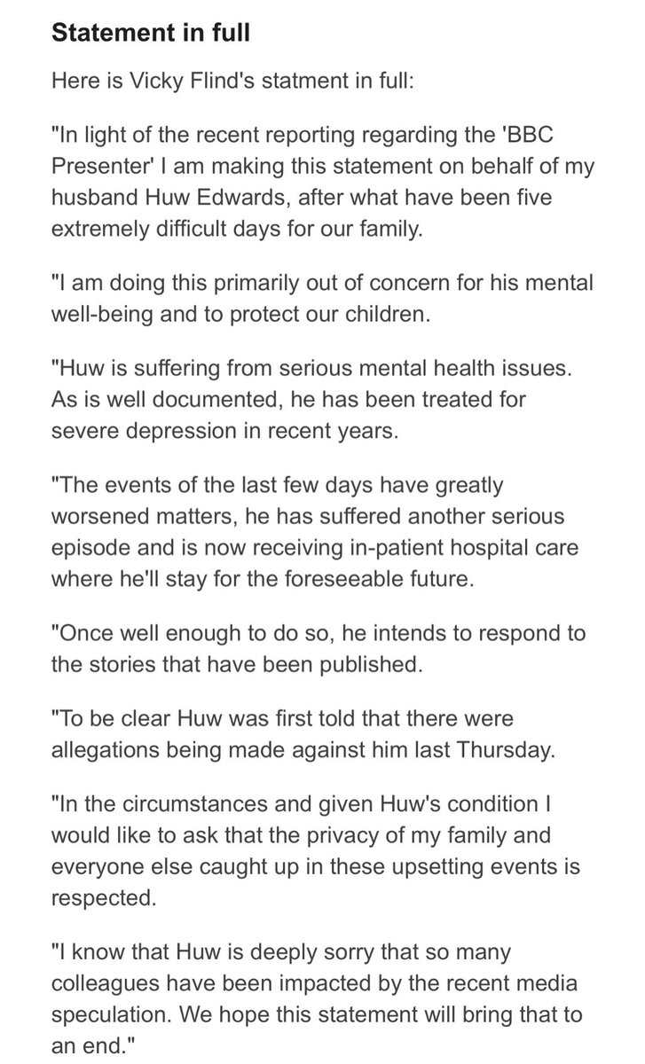 NQInvestigates's tweet photo. Vicky Flind’s statement in full regarding her husband BBC Presenter Huw Edwards . https://t.co/m4BzoGshth