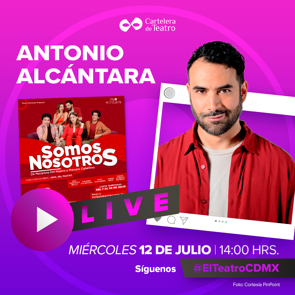 🎭 ¡No te pierdas nuestra entrevista en vivo con <a href="/antonioalcacruz/">Antonio Alcántara</a> sobre "SOMOS NOSOTROS"! Descubre todos los detalles de esta obra de Macarena del Mastro y Marcelo Caballero, dirigida por Ariel del Mastro. Hoy a las 2PM en nuestras redes sociales. ¡Te esperamos!

FB: