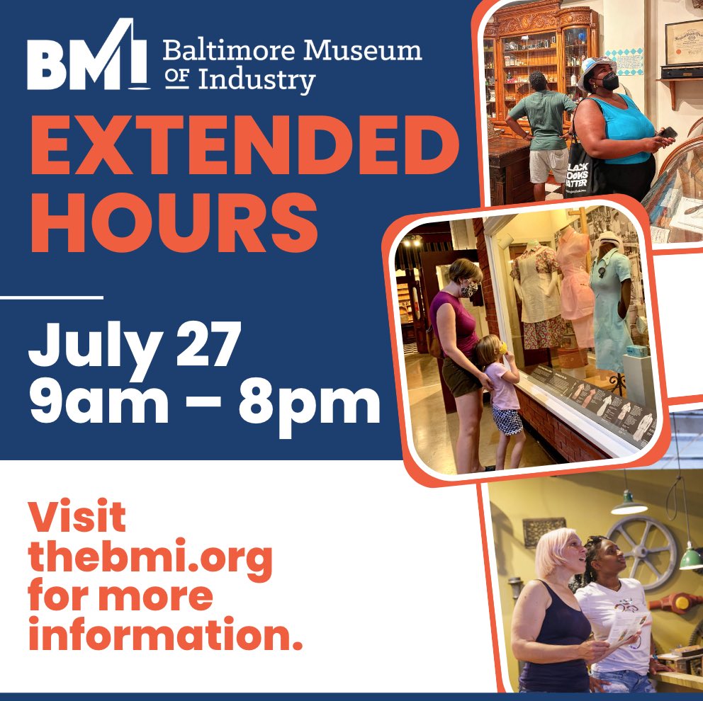 The BMI has so much to see, sometimes you need a little extra time to enjoy all the museum has to offer— and now you can!

Enjoy after-hours admission to the Baltimore Museum of Industry on July 27 ⚙️ 

Save money by purchasing your tickets in advance at thebmi.org
