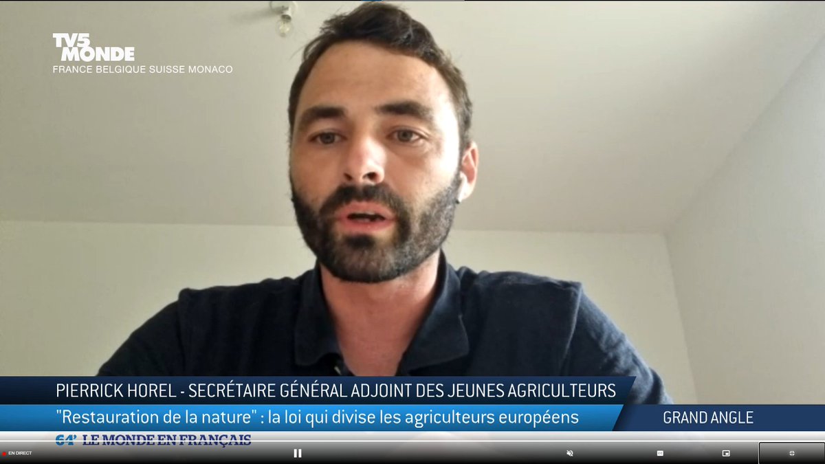 JeunesAgri's tweet photo. @HorelPierrick , secrétaire général, invité de #64min sur @TV5MONDE en réaction au vote du @parlementeuropéen sur le texte de la restauration de la nature, voté après un accord concernant le monde #agricole 🧵👇
#RestoreNature #restorenaturelaw
1/3 https://t.co/CaoUFjpaZH