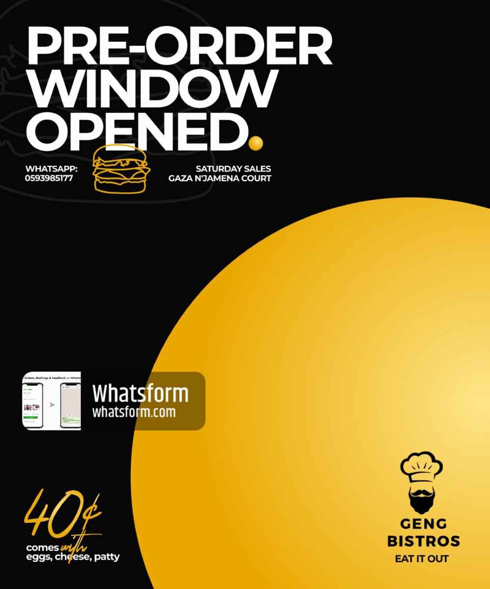 Please tap on this link to preorder. Deliveries on Saturday, KNUST🍔‼️
whatsform.com/nLdGsK