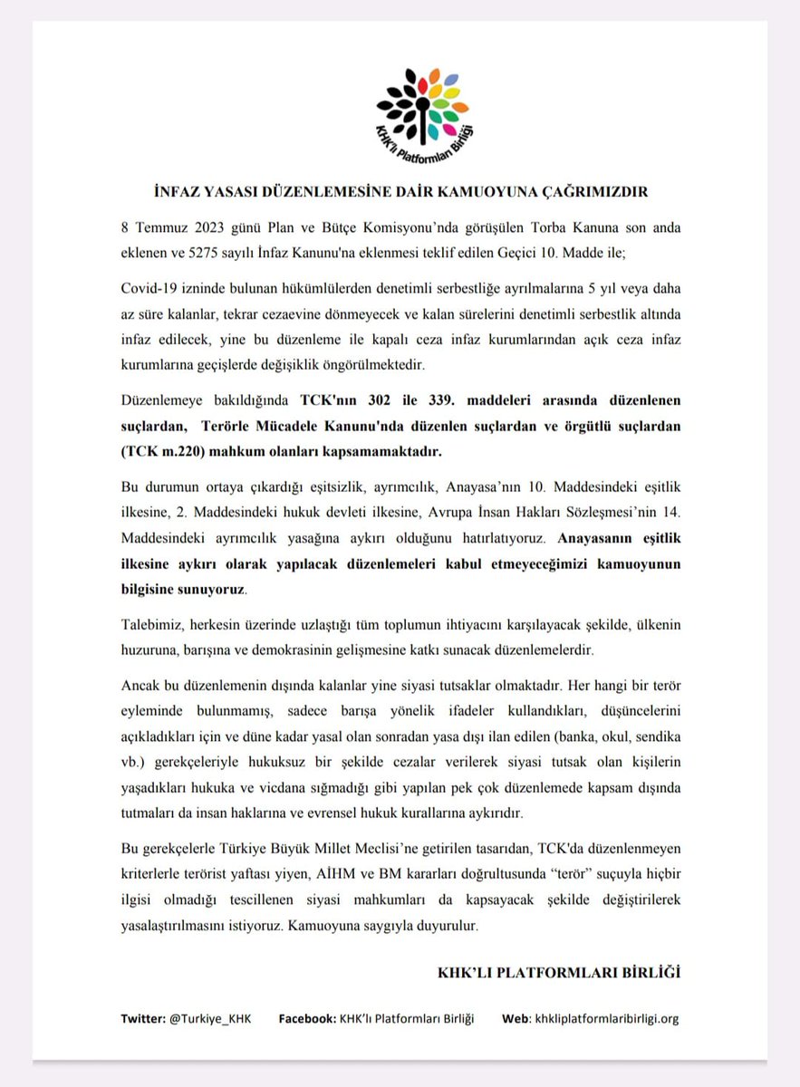Turkiye_KHK's tweet photo. ♦️İNFAZ YASASI DÜZENLEMESİNE DAİR KAMUOYUNA ÇAĞRIMIZDIR

      Ekte verilen gerekçelerle Türkiye Büyük Millet Meclisi'ne getirilen tasaridan, TCK'da düzenlenmeyen kriterlerle terörist yaftası yiyen, AİHM ve BM kararları doğrultusunda "terör" suçuyla hiçbir ilgisi olmadığı tescillenen siyasi mahkumları da kapsayacak şekilde değiştirilerek yasalaştırılmasını istiyoruz. 

Kamuoyuna saygıyla duyurulur.