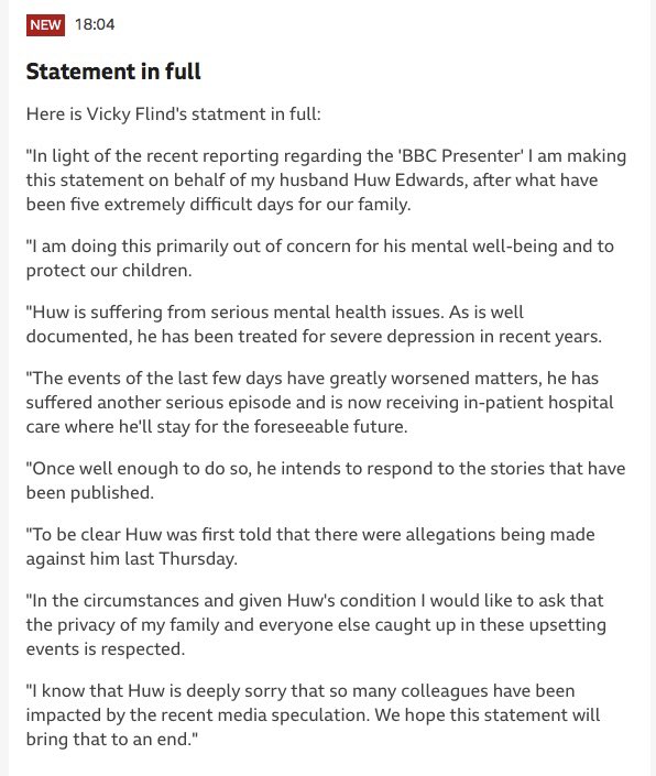 Huw Edwards’ wife Vicky Flind’s statement in full;