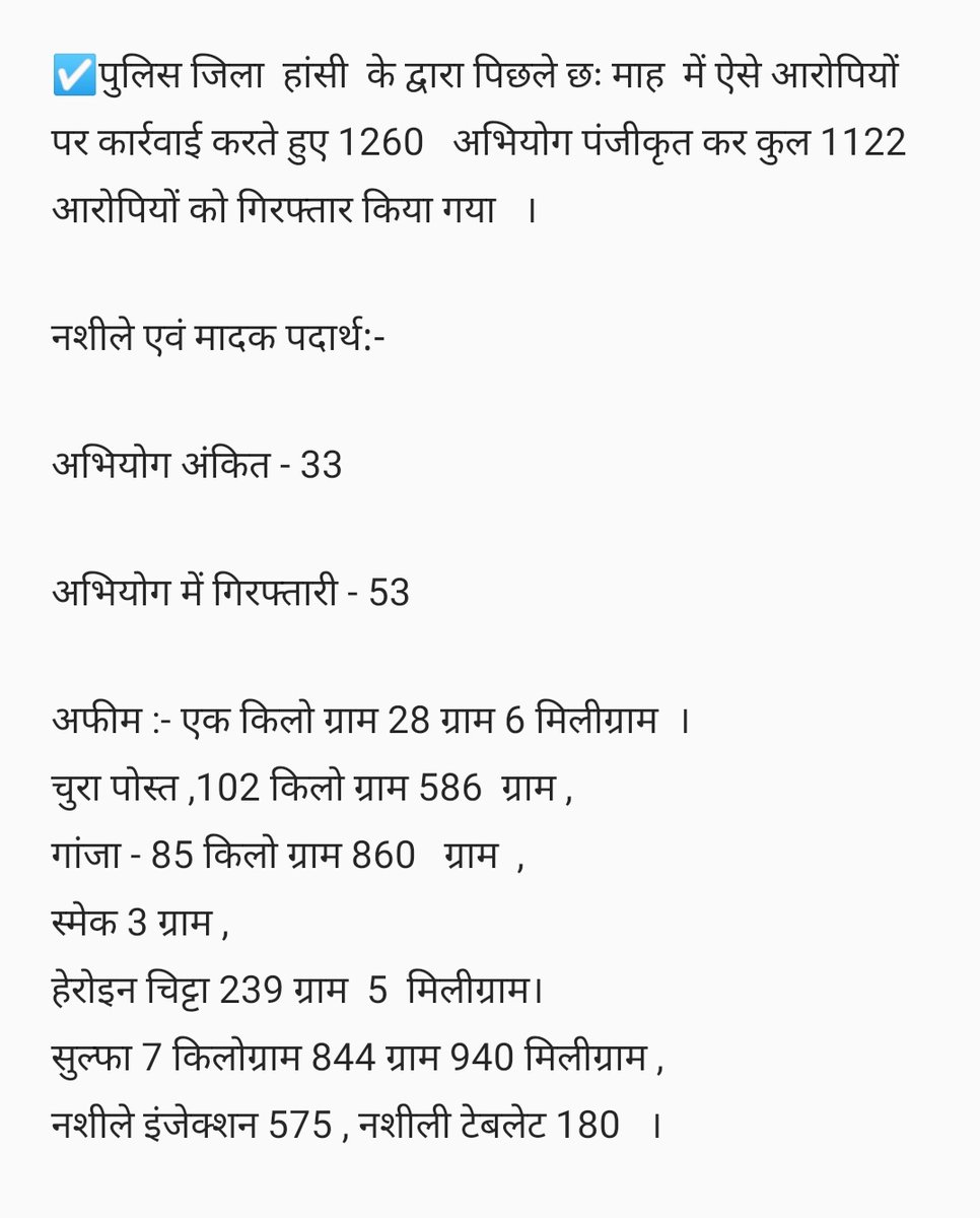 hansi_police's tweet photo. #Report_card
#Hansi_police
#hansipolice
@police_haryana @DGPHaryana @HisarRange https://t.co/fcsCe3WX5I