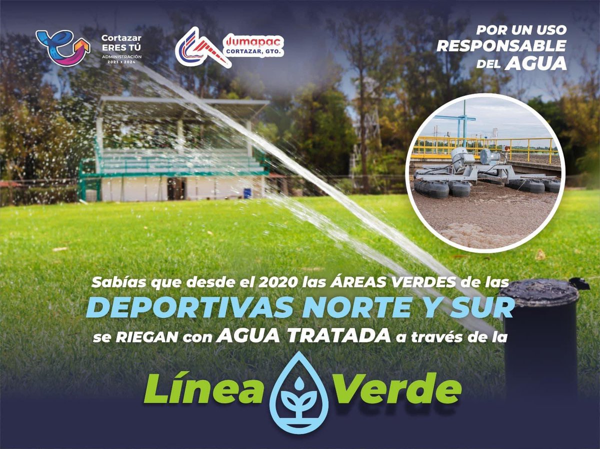 CortazarTu's tweet photo. En CORTAZAR REGAMOS las ÁREAS VERDES de las Deportivas con AGUA TRATADA💧🌱💧

Esto a través de la LÍNEA VERDE impulsada por el alcalde @ariel_corona , dicha línea conecta a las plantas tratadoras llevando tomas hasta estos espacios. https://t.co/WJUnBlTkPZ