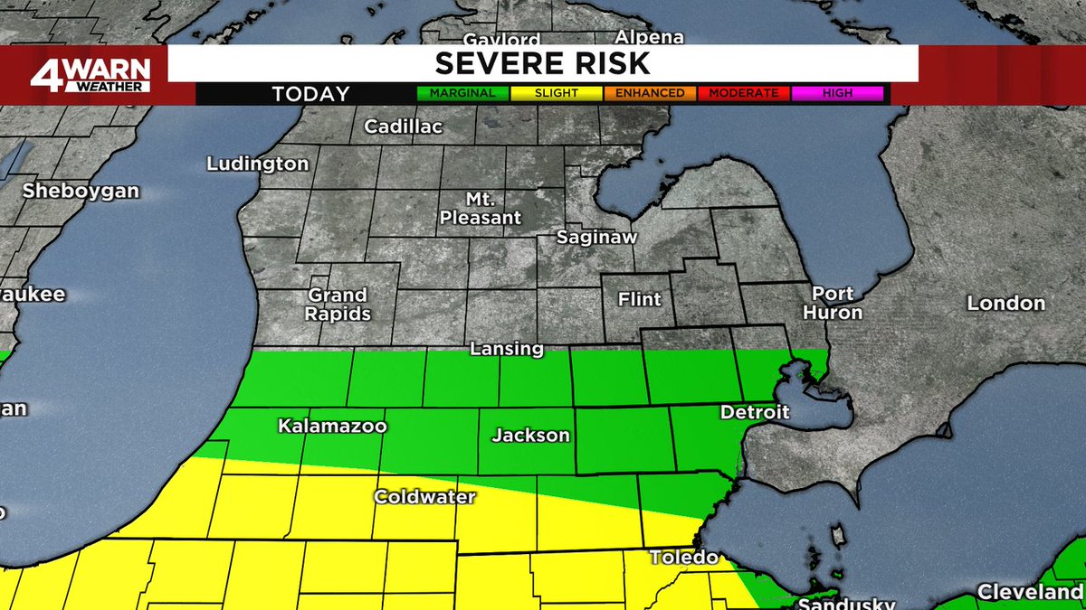 SEVERE RISK UPDATE: Lenawee &amp; Monroe Counties are now up to a Slight Risk (2 out of 5) for severe weather, while areas along and South of M-59 remain at a Marginal Risk (1 out of 5) for severe weather. Winds, hail and heavy rain remain the threats.. #MIWX <a href="/Local4News/">Local 4 WDIV Detroit</a>