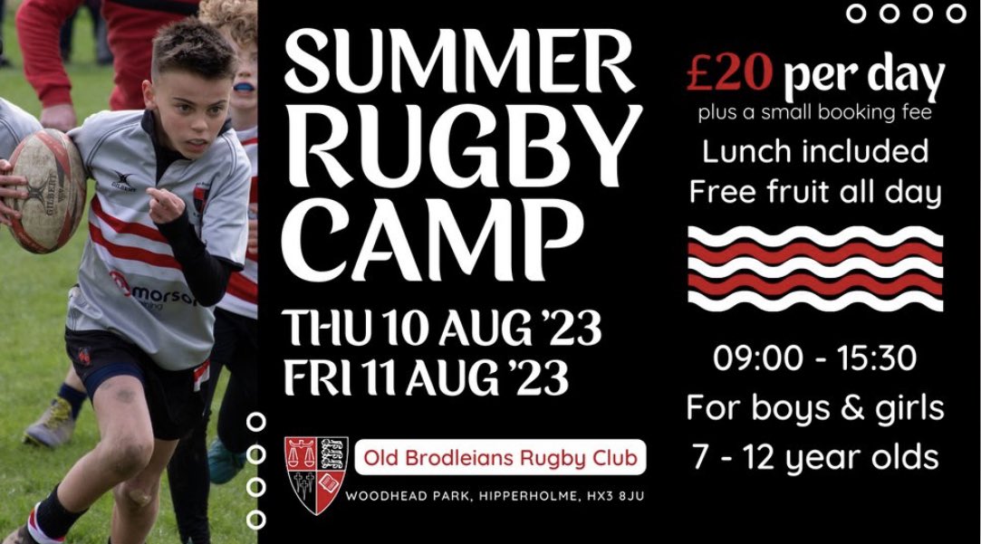 SUMMER RUGBY CAMP ☀️ Boys & Girls ☀️ 7 to 12 year olds ☀️ 1 day or 2 days ☀️ this August 📍 right here in HX3 To book 👉 eventbrite.co.uk/e/summer-rugby…