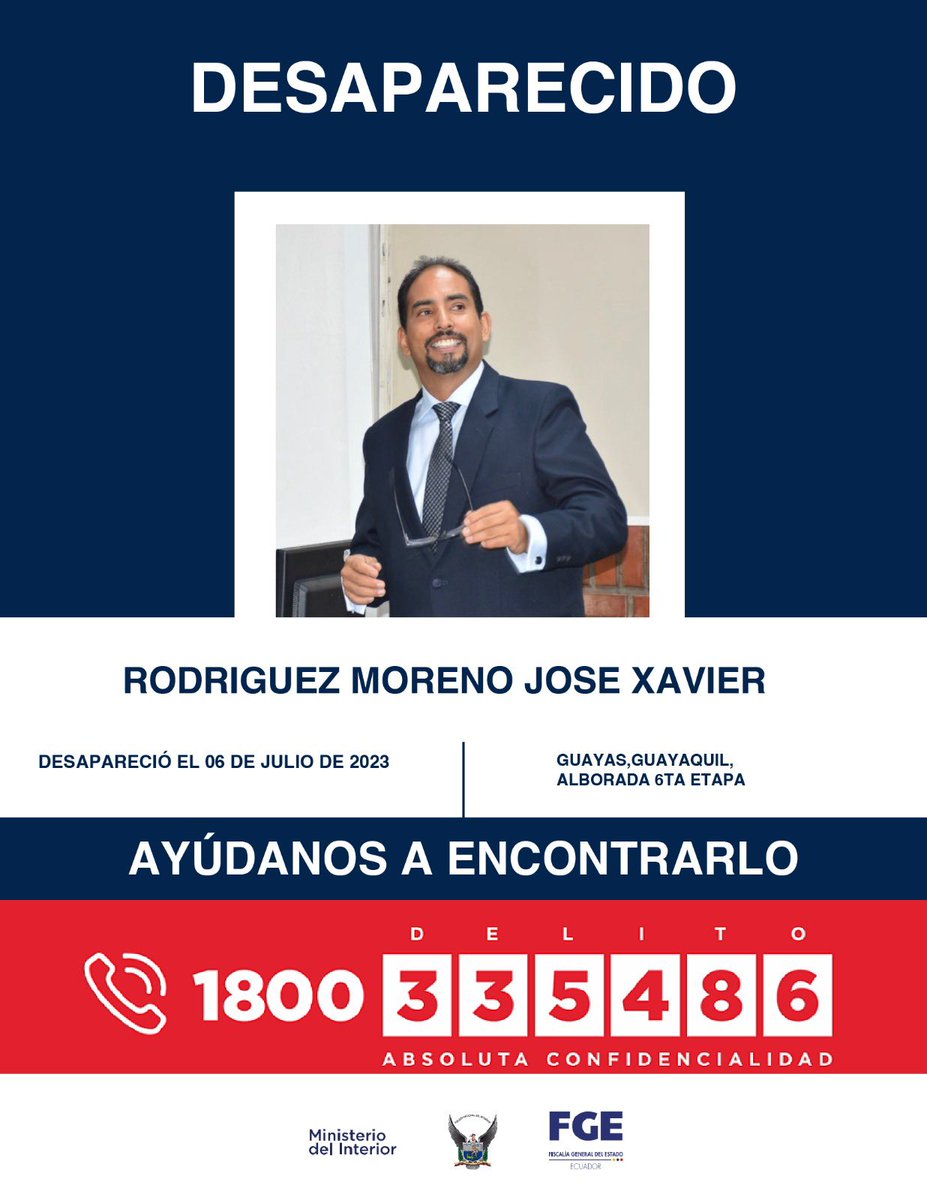 Si tienes información sobre la ubicación de José Xavier Rodríguez Moreno, comunícate de inmediato con las autoridades. Desapareció el 6 de julio de 2023 en #LaAlborada (sexta etapa), en #Guayaquil.