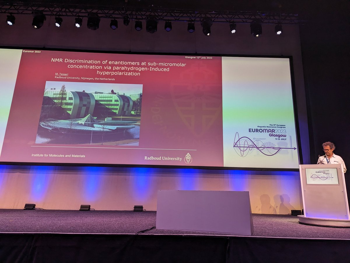 euromar2026's tweet photo. Dr Marco Tessari @Radboud_Uni concluding the solution #NMR methods session with a brilliant talk about using #hyperpolarisation to distinguish enantiomers in NMR
#euromar2023 https://t.co/c3Le5la7Gl