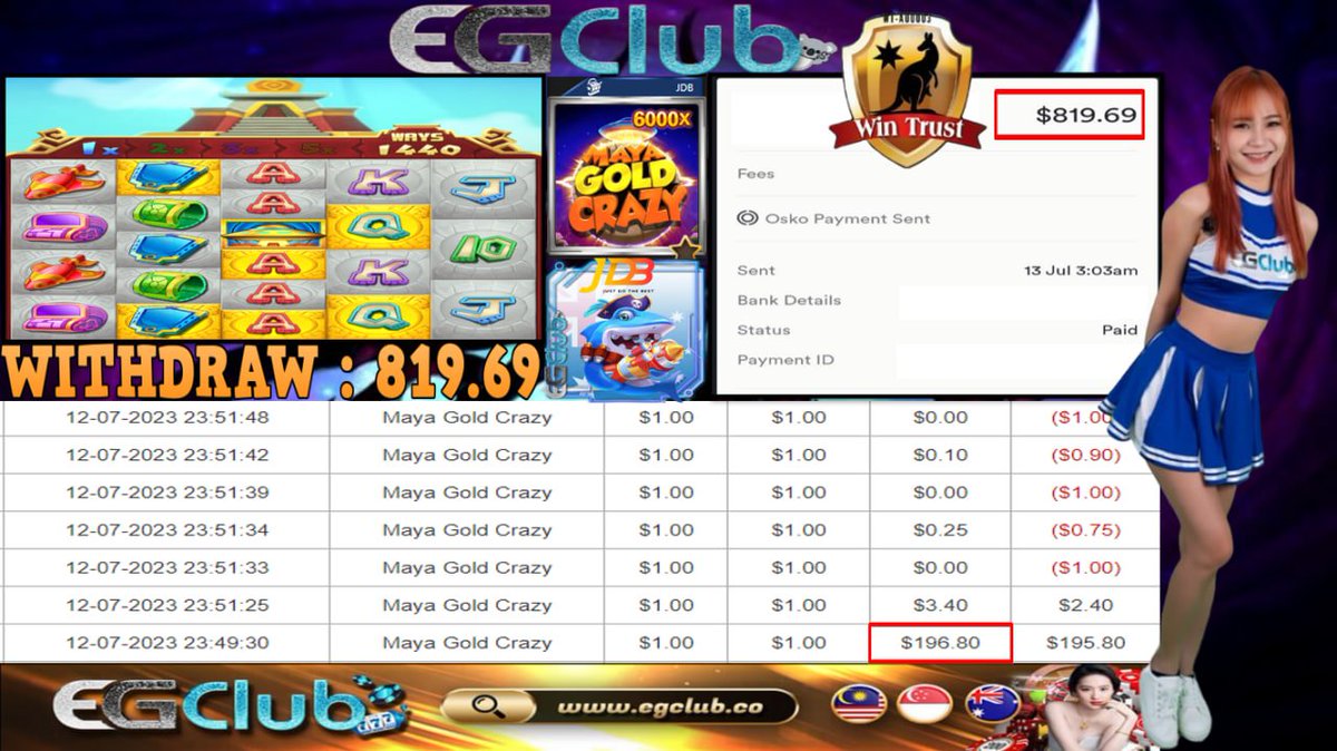 EGClub_Aus's tweet photo. Platform - JDB GAME
Game - MAYA GOLD CRAZY

Deposit -  AUD 100.00
Withdraw - AUD 819.69
Bet Amount - AUD 1.00

Join the club, feel the thrill – EGClub, where tongue twisters come to chill!
|Live Chat Room : https://t.co/dFYikqRdkr https://t.co/vjXqsPs4sC