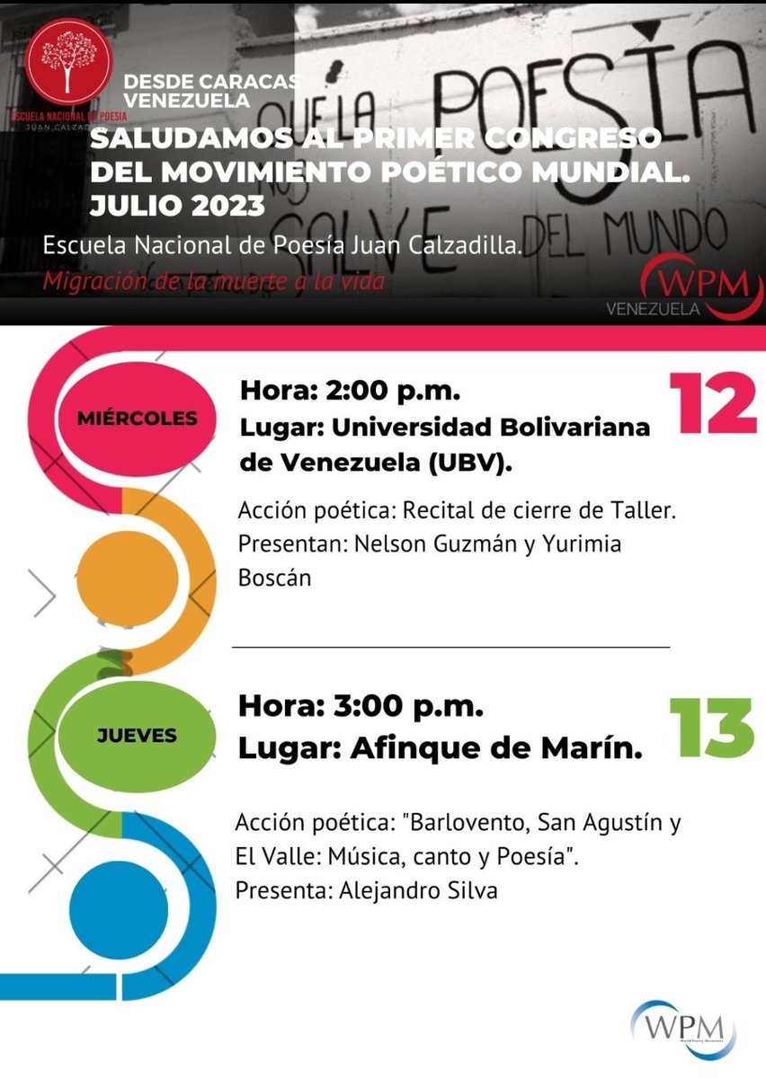 Hoy #12Jul inician las actividades en el marco del 17° Festival Mundial de Poesía de Venezuela, en La Universidad Bolivariana de Venezuela (UBV) a las 2pm, con Acción poetica: Recital de cierre de Taller Presentan: Nelson Guzmán y Yurimia Boscan. 

#AmarEsPoesía
#AmarEsPoesía