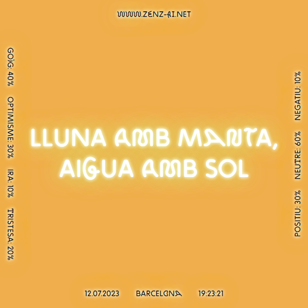 zenz_ai's tweet photo. Lluna amb manta, aigua amb sol #Barcelona 12.07.2023, 19:23:21.  
 
 Més informació 👉 https://t.co/VSooGDqfAi 
 
#RefranysDelTemps #Refranys #IntelligenciaArtifical #IA #Temps #LaCapellaBCN #BCNProducció #AI #ArtificialIntelligence #ContemporaryArt https://t.co/qQt2YAFhmT