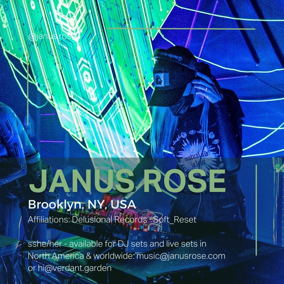 verdantfoundry's tweet photo. super pleased to have added brooklyn based @janusrose to the roster. She is a DJ, producer, live act, and event thrower. she's available for both dj &amp; live sets and you can read more here: https://t.co/SxHXj4Sd3y https://t.co/5rVasdw0FE