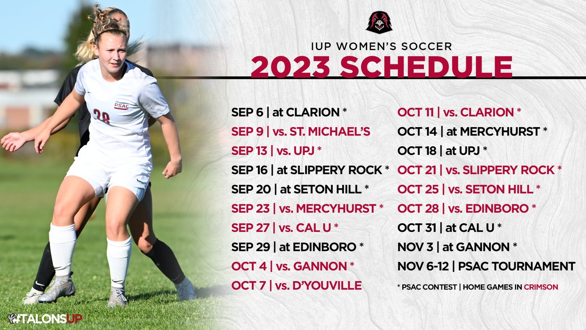 IUPsoccer's tweet photo. Gearing up for an exciting fall slate of matchups! Here's a look at our 2023 schedule. 

#TalonsUp 

🗓️: https://t.co/bRahhLi0vC https://t.co/AK4ssRJVL5
