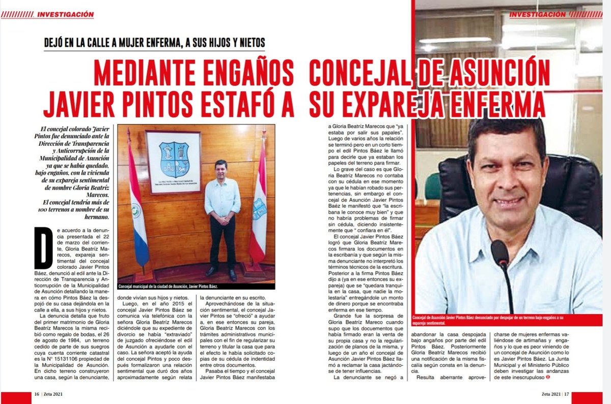 livmediapy's tweet photo. 🚩El concejal Javier Pintos presentó un proyecto de Ley que declara la semana del orgullo heterosexual en Asunción, a tratarse hoy.

Pero también el concejal Javier Pintos: 
*Presuntamente estafó a su esposa 
*Tendría más de 100 terrenos a nombre de su hermano

Vía: REVISTA ZETA https://t.co/I6RaBedliM