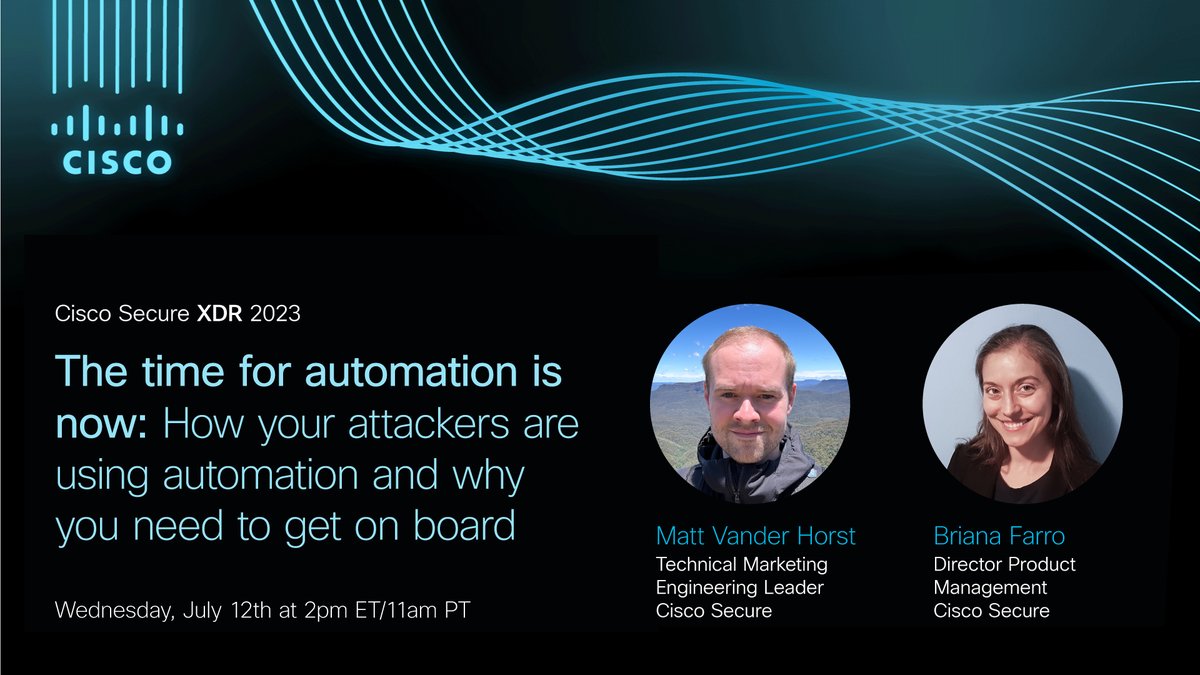 CiscoSecure's tweet photo. ๐ IN 30 MINUTES ๐
Join Matt Vander Horst & @girlisincognito as they discuss what effective #automation looks like, how your attackers are using it and why itโs vital for you to start using! #SOCwise
Watch here ๐ https://t.co/bUWc5f87Jo https://t.co/4po3Q7mcST