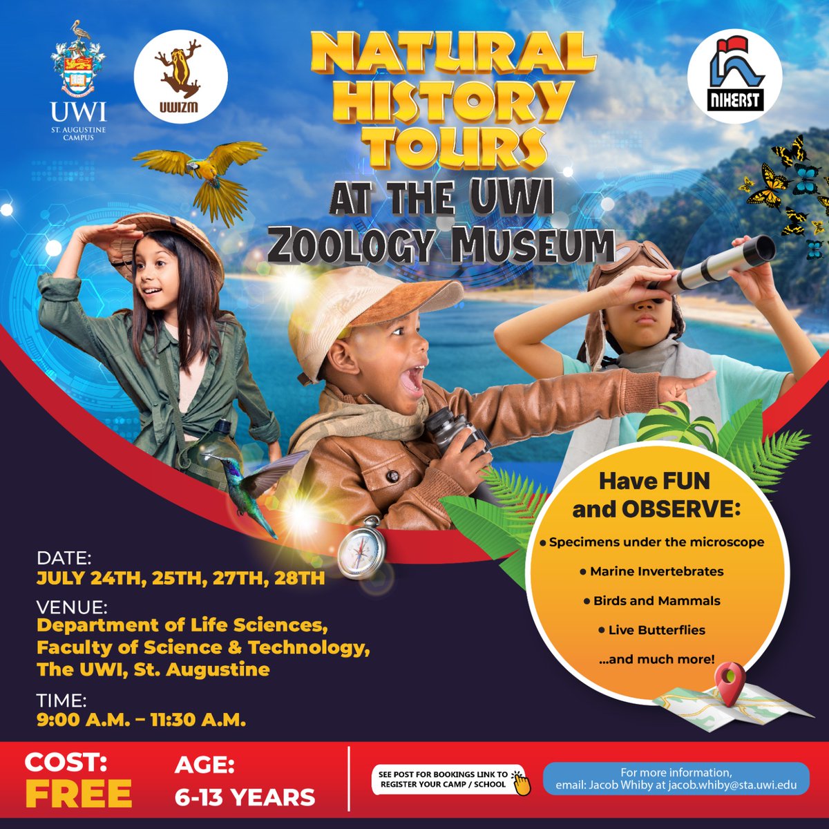 FstUwi's tweet photo. Join us for an exciting summer adventure at UWI Zoology Museum!
Explore the history of animals, insect collections, and our new butterfly enclosure.
Register now: https://t.co/GVVjFWFFVF
Contact Jacob.Whiby@sta.uwi.edu for details.
#FSTUWI #SummerFun #Education https://t.co/zyhVB61YbN