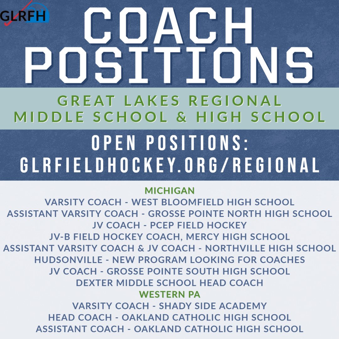 Coach Field Hockey this Fall!  
Open Positions: glrfieldhockey.org/regional  
@mhsfha <a href="/GPSchools/">GPPSS</a> <a href="/PCEPFH/">PCEP Girls Field Hockey</a> <a href="/mercyfldhockey/">Mercy Field Hockey</a> <a href="/nvilleathletics/">Northville Athletics</a> <a href="/HudsonvilleHS/">Hudsonville HS</a> <a href="/GPSouthAD/">Grosse Pointe South Athletics</a> <a href="/GPNorthAD/">Michelle Davis</a> <a href="/dexfhockey/">Dexter Field Hockey</a> <a href="/ssa_athletics/">Shady Side Academy Athletics</a> <a href="/OCHS_Pittsburgh/">Oakland Catholic High School</a> <a href="/therealepap/">Eric Pierce</a>