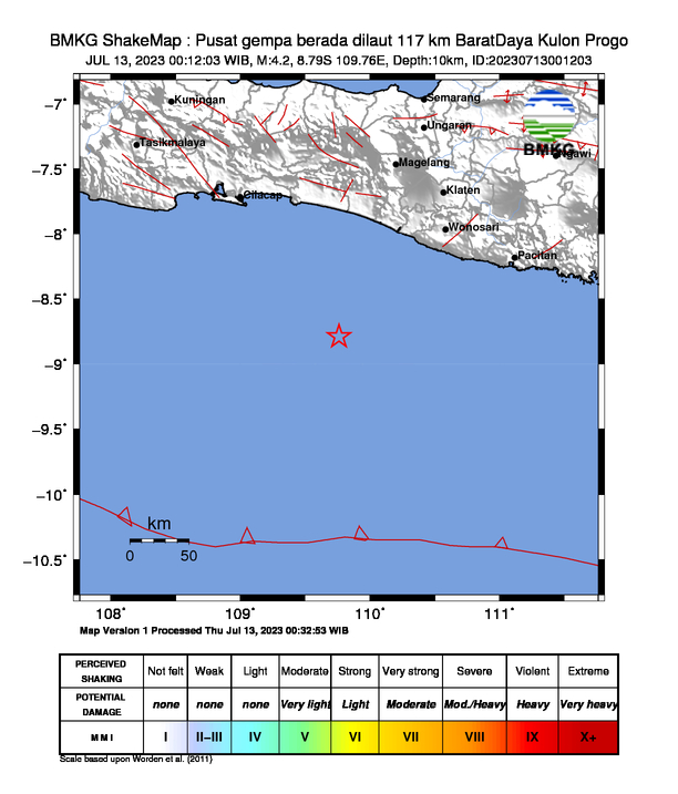 #Gempa (UPDATE) Mag:4.2, 13-Jul-23 00:12:03 WIB, Lok:8.79 LS, 109.76 BT (Pusat gempa berada dilaut 117 km BaratDaya Kulon Progo), Kedlmn:10 Km Dirasakan (MMI) II Bantul #BMKG