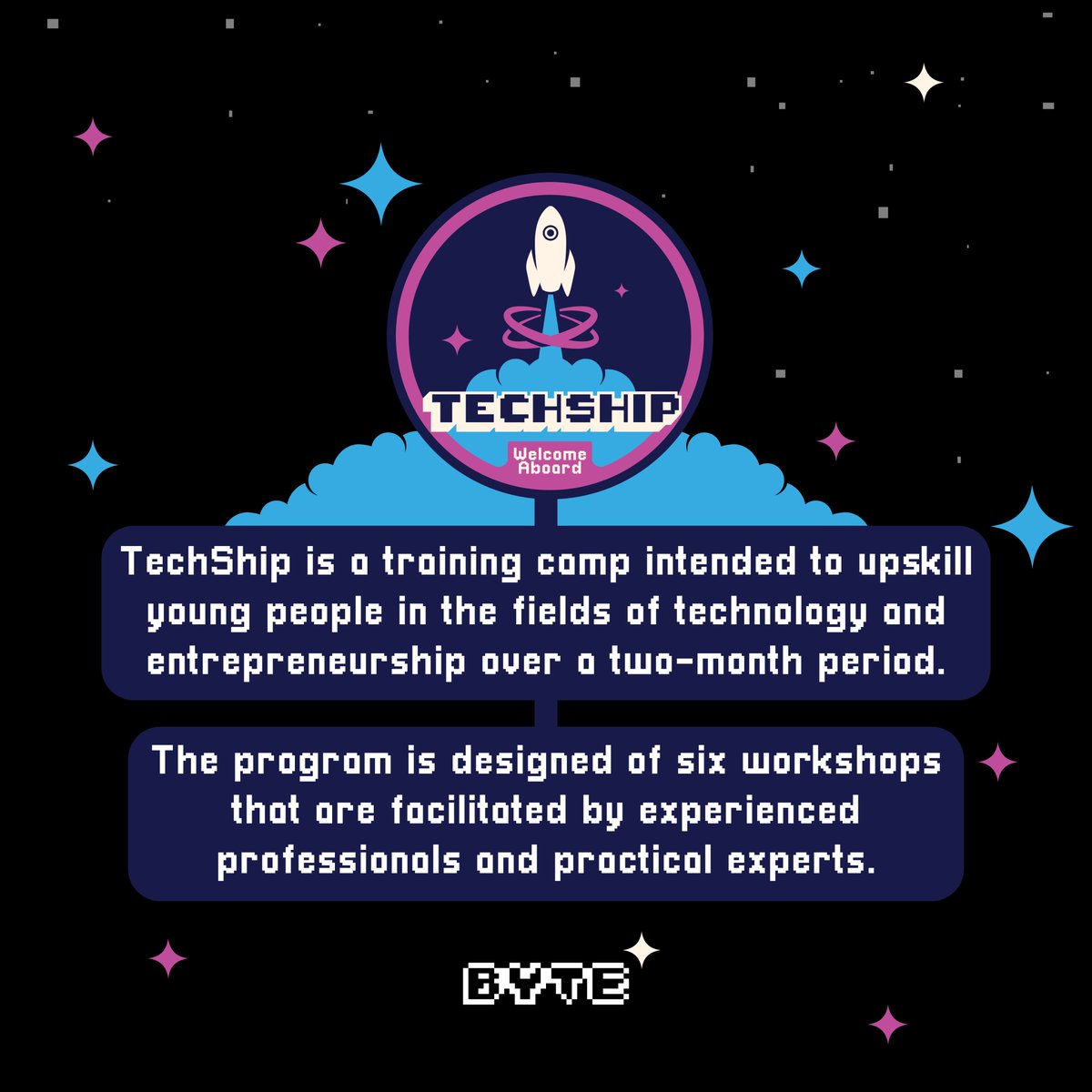 BYTE_NGO's tweet photo. Ready to take off 🚀 ?
Welcome to TechShip! A two-month training camp designed to equip young individuals with essential skills in the fields of technology and entrepreneurship, which includes 6 workshops facilitated by professionals and experts.
#TechShip 🚀
Welcome Aboard! https://t.co/gu09sI8dQx