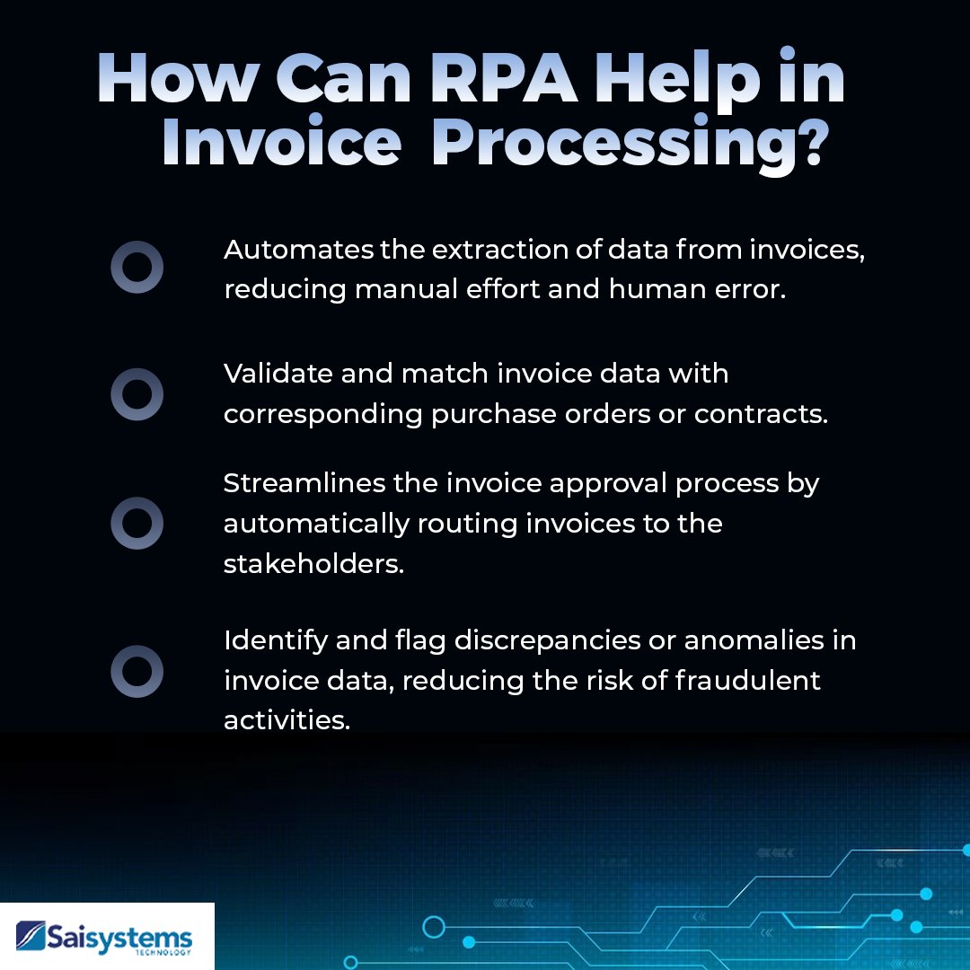 SaisystemsTech's tweet image. Efficiency and accuracy are key when it comes to invoice processing. 🧾💼 

With #RPA, you can streamline invoice management by automating repetitive tasks, reducing errors, and saving valuable time. 🤖💨 

#RPA #InvoiceProcessing #DigitalAutomation #WednesdayVibes