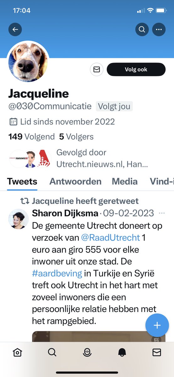 Een foto van mijn hond wordt ongevraagd gebruikt als profielfoto door deze dame. Zouden honden ook beeldrecht hebben 🤔? #dtv
