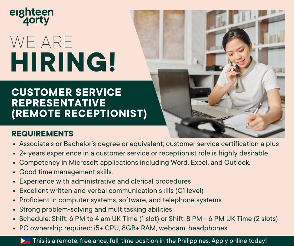 1840andCompany's tweet image. We are currently seeking a Customer Service Representative (Remote Receptionist) located in the Philippines. 

Learn more and apply here 👉 bit.ly/3OcdsAk 

#CustomerServiceRepresentative #RemoteReceptionist #freelancer #Philippines