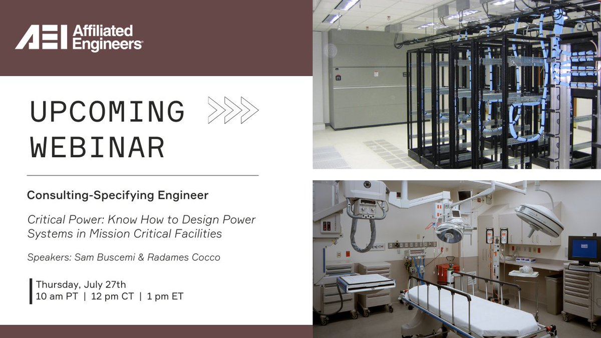 From hospitals to data centers, these #missioncritical spaces rely on electrical engineers to specify robust #electicalsystemdesigns, providing #redundancy &amp; #resilience. Register for a <a href="/CSEmag/">Consulting-Specifying Engineer Magazine</a> webinar with #AEI's Sam Buscemi &amp; <a href="/DLRGroup/">DLR Group</a>'s Radames Cocco: bit.ly/3D9pl3t