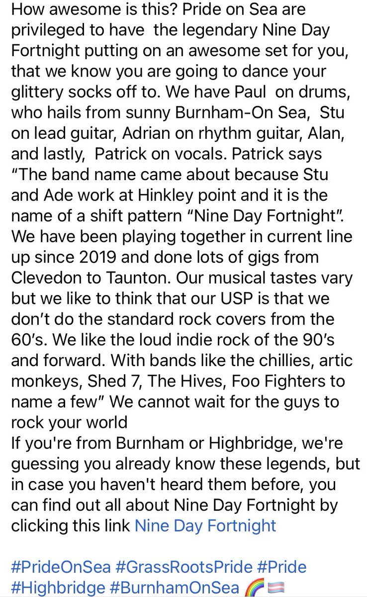Yet more fabulous bands in the line-up for <a href="/PrideonSea/">Pride On Sea</a> #prideonsea #pride #grassrootspride #highbridge #burnhamonsea