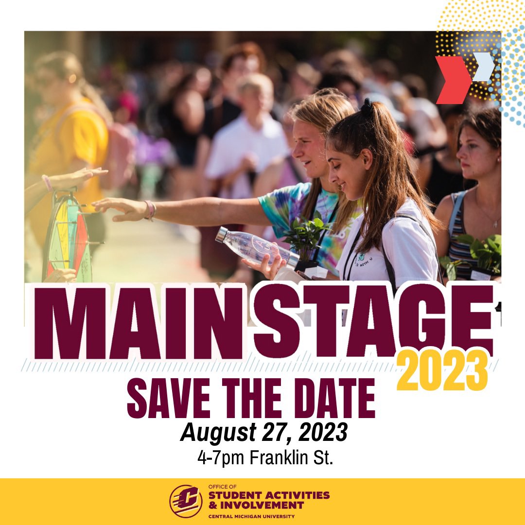 CMUActivities's tweet image. SAVE THE DATE!

We’re so excited to welcome you to campus at MainStage 2023 on August 27! 

Find involvement and find your home here at CMU 🤩🔥☝🏽