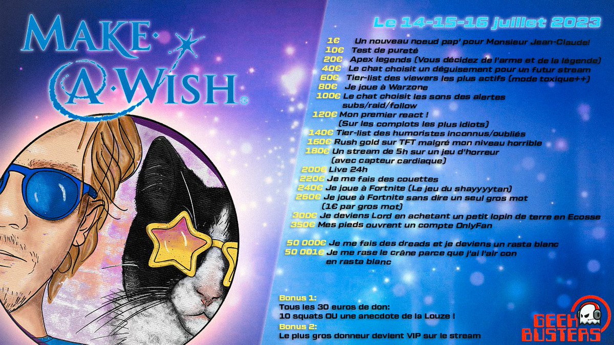 LordSyrk's tweet photo. Que vois-là je? Est-ce que ça ne serait pas ma liste de donation goals pour cette 3ème édition des #Geekbusters #Twitch #twitchstreamer #makeawish https://t.co/3v5QX6d8TY