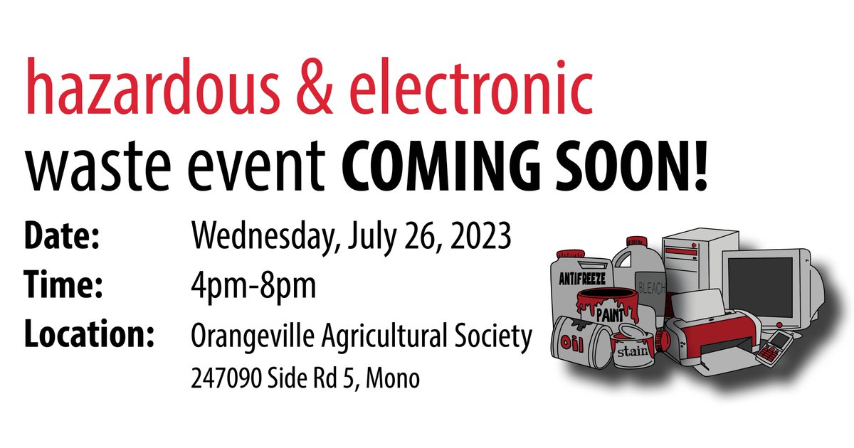 Do you have old paint piling up in the garage? Don't toss it - recycle it responsibly instead! Attend a Household Hazardous &amp; Electronic Waste event at the Orangeville Agricultural Society Event Centre on Wednesday, July 26th from 4PM to 8PM. Visit dufferincounty.ca/wastefor
