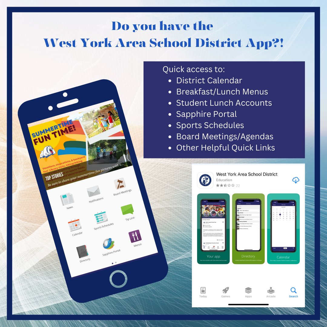 The District App on iPhones has been fixed!

Delete the app currently on your iPhone and then download it from the App Store by searching West York Area School District.

Didn't know we had a District App?  Download it and check it out!  
#wyasd #wyproud #awesomestartshere