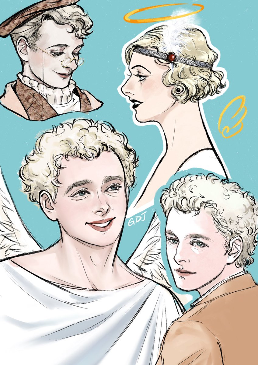 Ivyyy111's tweet photo. Finished! Different versions of Aziraphale. I created a 1920s flapper girl look for him, cuz Azi never showed up as a formal “female figure” before. But u know, it’s not a big deal for a supernatural creature.
#GoodOmensFanArt #GoodOmens #GoodOmens2 
#Aziraphale #MichaelSheen https://t.co/D2LbP3VUHT