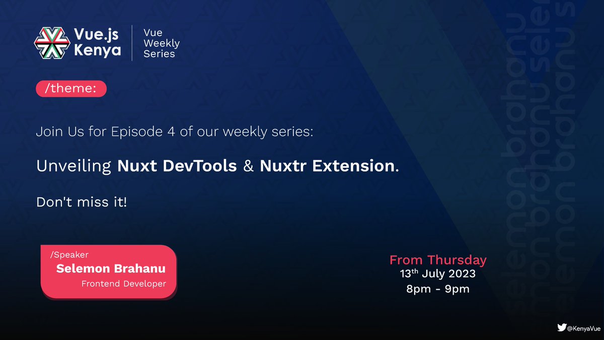 KenyaVue's tweet image. 📣 Don&apos;t miss out on tomorrow&apos;s episode! Tune in for Episode 4 of our exciting weekly series: &apos;Unveiling Nuxt DevTools &amp;amp; Nuxtr Extension!&apos;

#vuejskenya #weeklyseries #nuxt #NuxtDevTools #NuxtrExtension

🔗 Secure your spot now ➡️ bit.ly/3NO8vw6