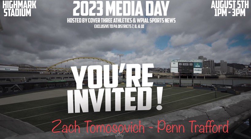Zach Tomosovich (@zachtomosovich) on Twitter photo Thank You <a href="/Cover3_ATH/">Cover Three Athletics</a> and <a href="/wpialsportsnews/">WPIAL Sportsmen</a> for the invite to the 2023 media day at Highmark Stadium on August 5th. Honored to be invited.
<a href="/ptwarriorfb/">PennTraffordFootball</a> Thank You <a href="/Cover3_ATH/">Cover Three Athletics</a> and <a href="/wpialsportsnews/">WPIAL Sportsmen</a> for the invite to the 2023 media day at Highmark Stadium on August 5th. Honored to be invited.
<a href="/ptwarriorfb/">PennTraffordFootball</a>