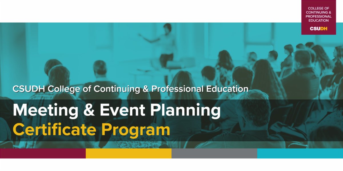 CSUDHContinuing's tweet image. You&apos;re Invited!

Meeting &amp;amp; Event Planning Certificate Program
Info Session Webinar
Saturday, August 12 at 10:00 a.m. (PT)

To Join Us, Register at:
csudh-mex-f23.eventbrite.com/?aff=tw
conta.cc/43hH5Ew