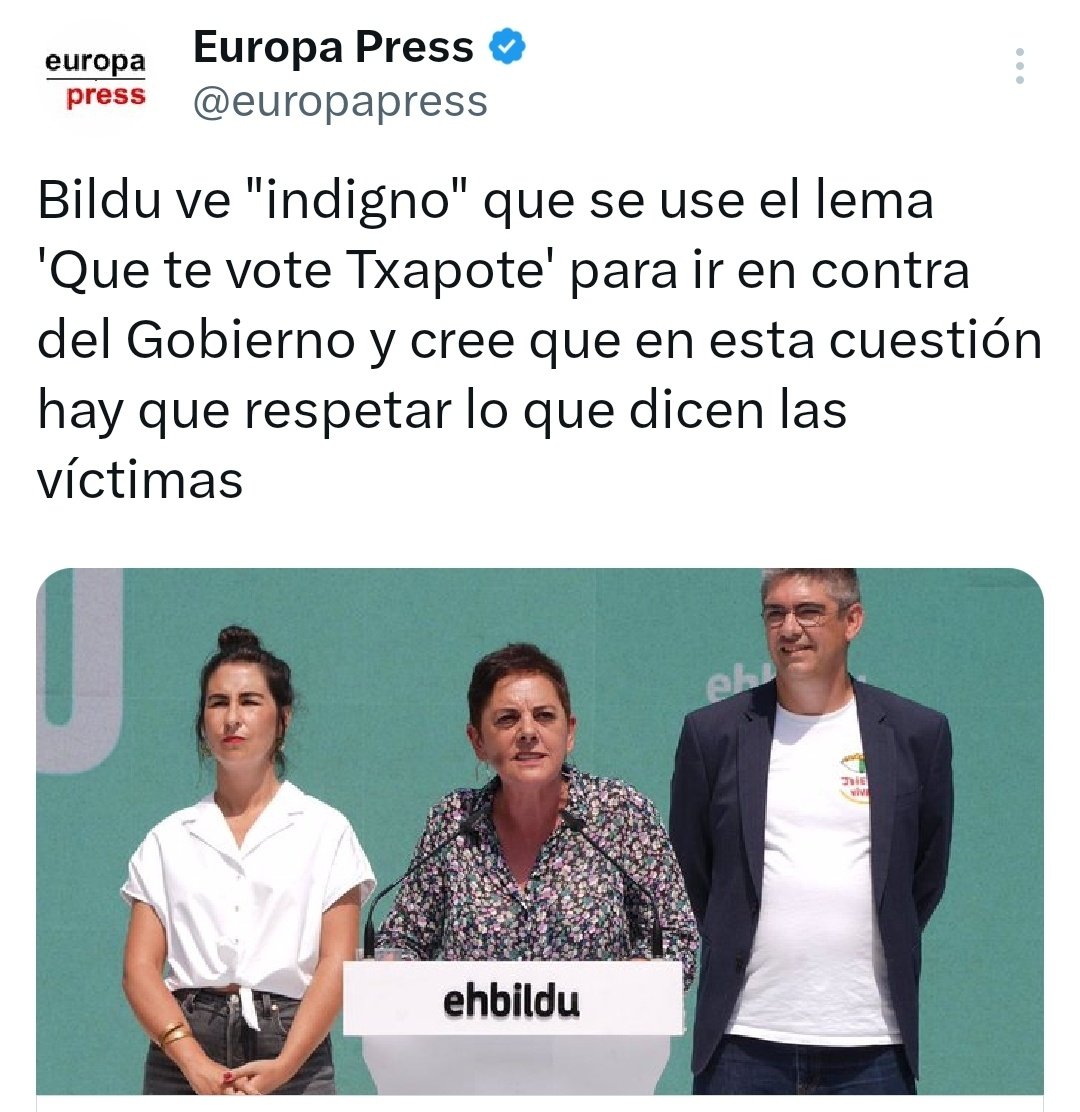 3 M.C. on Twitter: "Es curioso, Bildu ve indigno usar el lema "Que te vote  Txapote" pero no ve indigno llevar en sus listas a 23 etarras.  https://t.co/3gdNHaOZw3" / Twitter