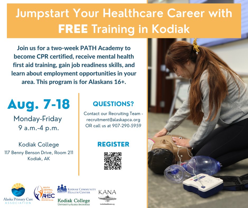 alaska_pca's tweet photo. Are you interested in a healthcare career and living in the Kodiak region? APCA's PATH Academy will help you get there at no cost to you!

Sign up today for this two-week training opportunity: https://t.co/PdHE3LNURD. https://t.co/DqJi1WkX2g
