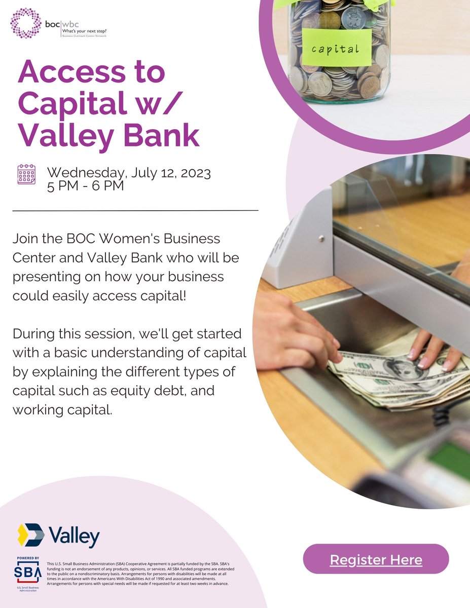 BOC_WBC's tweet photo. Join us and @ValleyBank in 3 hours to learn how to access capital for your small business! The Spanish version of the Access to Capital workshop will be held tomorrow, 7/13. #smallbiznyc #capital #negociospequenos #negociopropio

RSVP: https://t.co/FNsApG8ss3 https://t.co/j6tgpt2YZ2