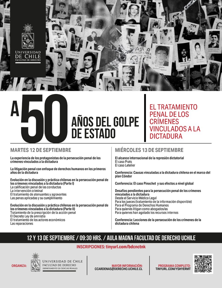 derechouchile's tweet photo. #Agenda | Jornadas "A 50 años del golpe de estado: el tratamiento penal de los crímenes vinculados a la dictadura" 

📅⌚Martes 12 y miércoles 13 de Septiembre a las 9:30 hrs.

📍Aula Magna Derecho

🔗Más detalles aquí👉https://t.co/qgSC3WmoCO https://t.co/u7XP4uZLIR