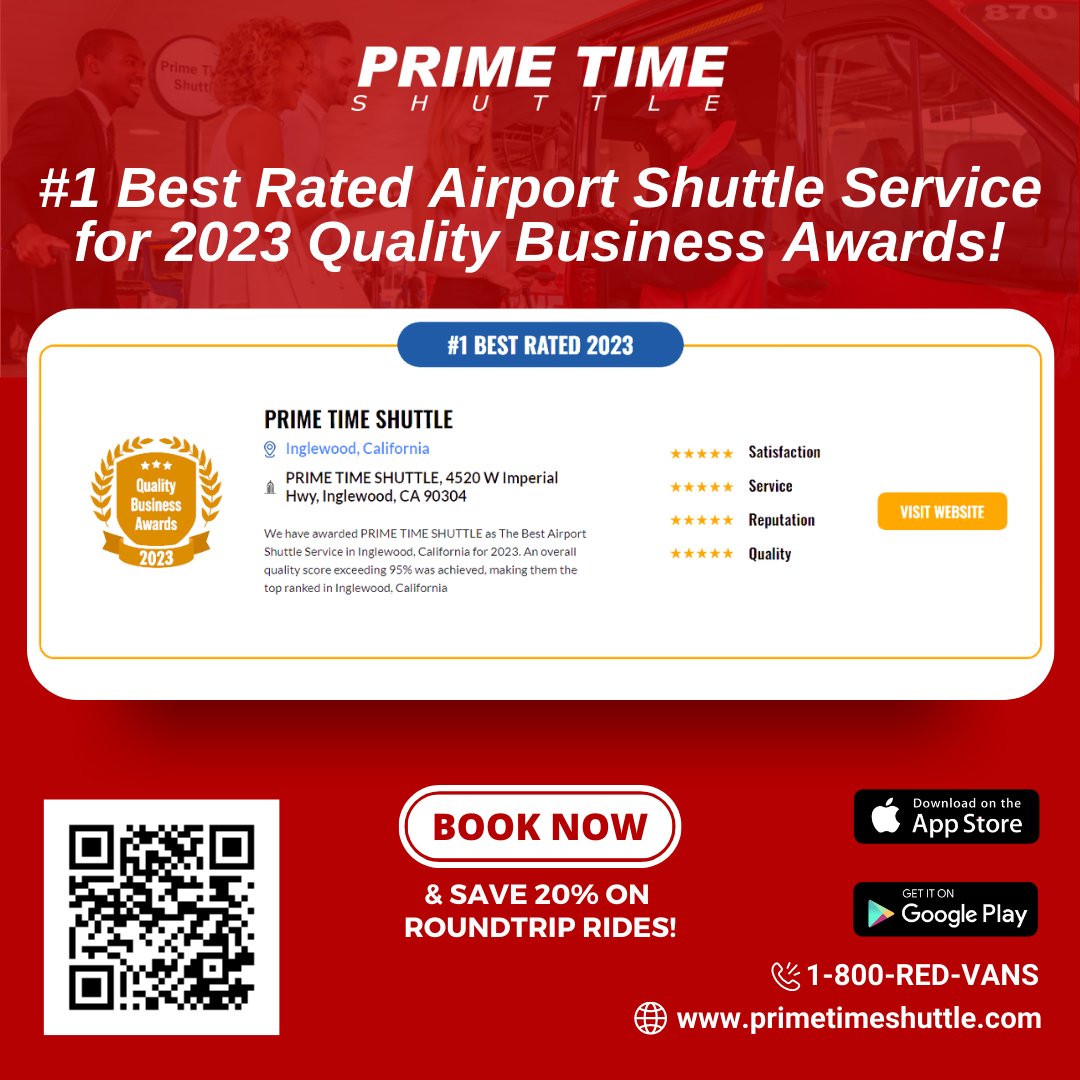 PTShuttle's tweet photo. 🎉 Exciting News! 🎉
Prime Time Shuttle has been awarded as The Best Airport Shuttle Service in Inglewood, California for 2023 by Quality Business Awards! 🌟Book now and discover the best in airport transportation! 
Read more here: https://t.co/Hp7Qo5C3L4 https://t.co/VStLP4Prmy