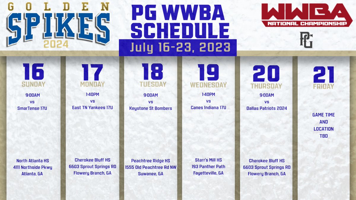 NCBA Golden Spikes 2024 (@2024spikes) on Twitter photo Here is a look at our schedule for the <a href="/PerfectGameUSA/">Perfect Game USA</a> WWBA next week. We will update the schedule with pitching information once that is finalized. Here is a look at our schedule for the <a href="/PerfectGameUSA/">Perfect Game USA</a> WWBA next week. We will update the schedule with pitching information once that is finalized.