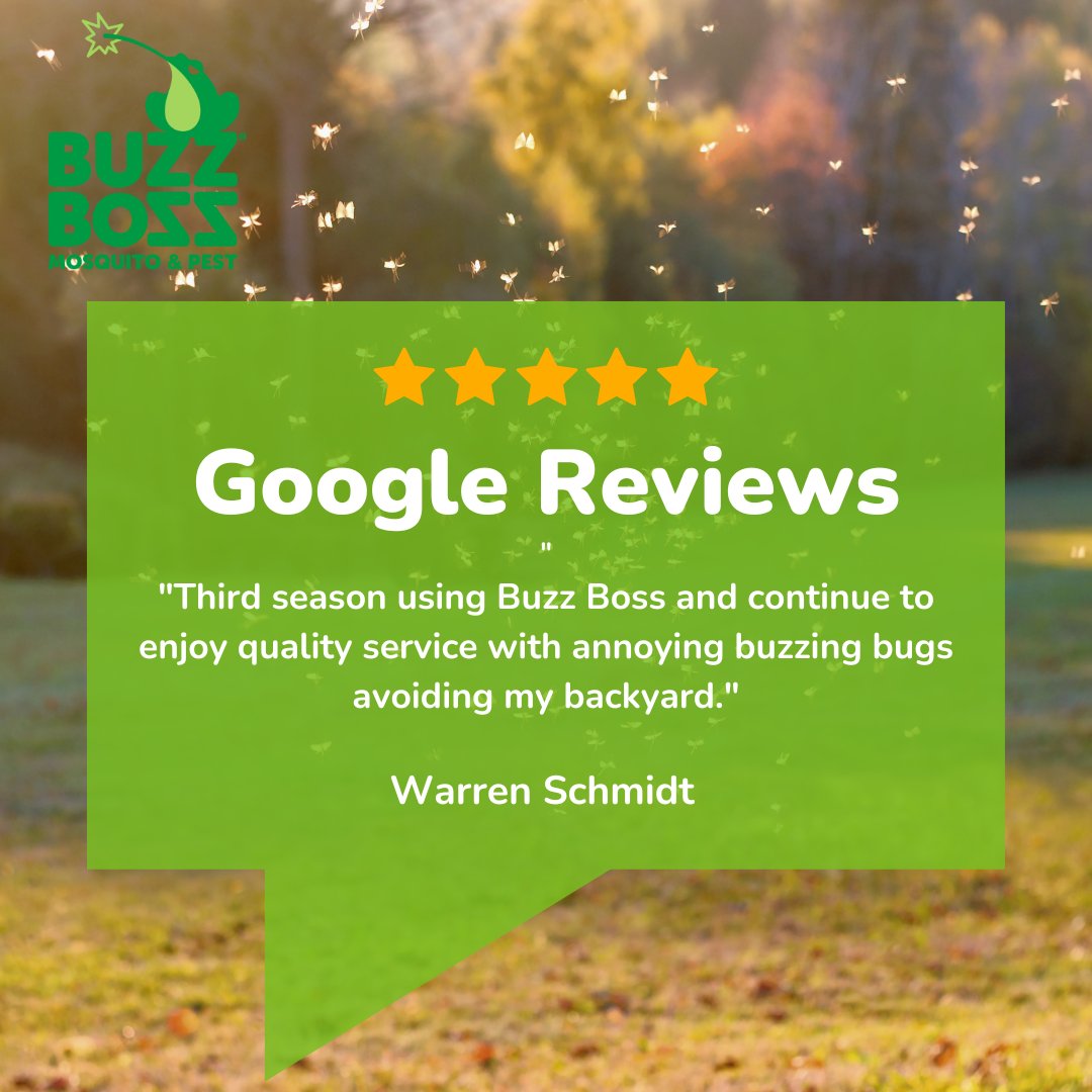 realbuzzboss's tweet photo. Another happy subscriber is enjoying their bite-free summer! 👏 

Thank you, Warren, for the raving review! 

#BiteBackWithBuzzBoss #PestControl #PestFree #BuzzBoss #GoogleReviews #Mosquitoes #Ticks #Spiders #Ants #ShowThemWhosBoss https://t.co/TwOynqTdWq