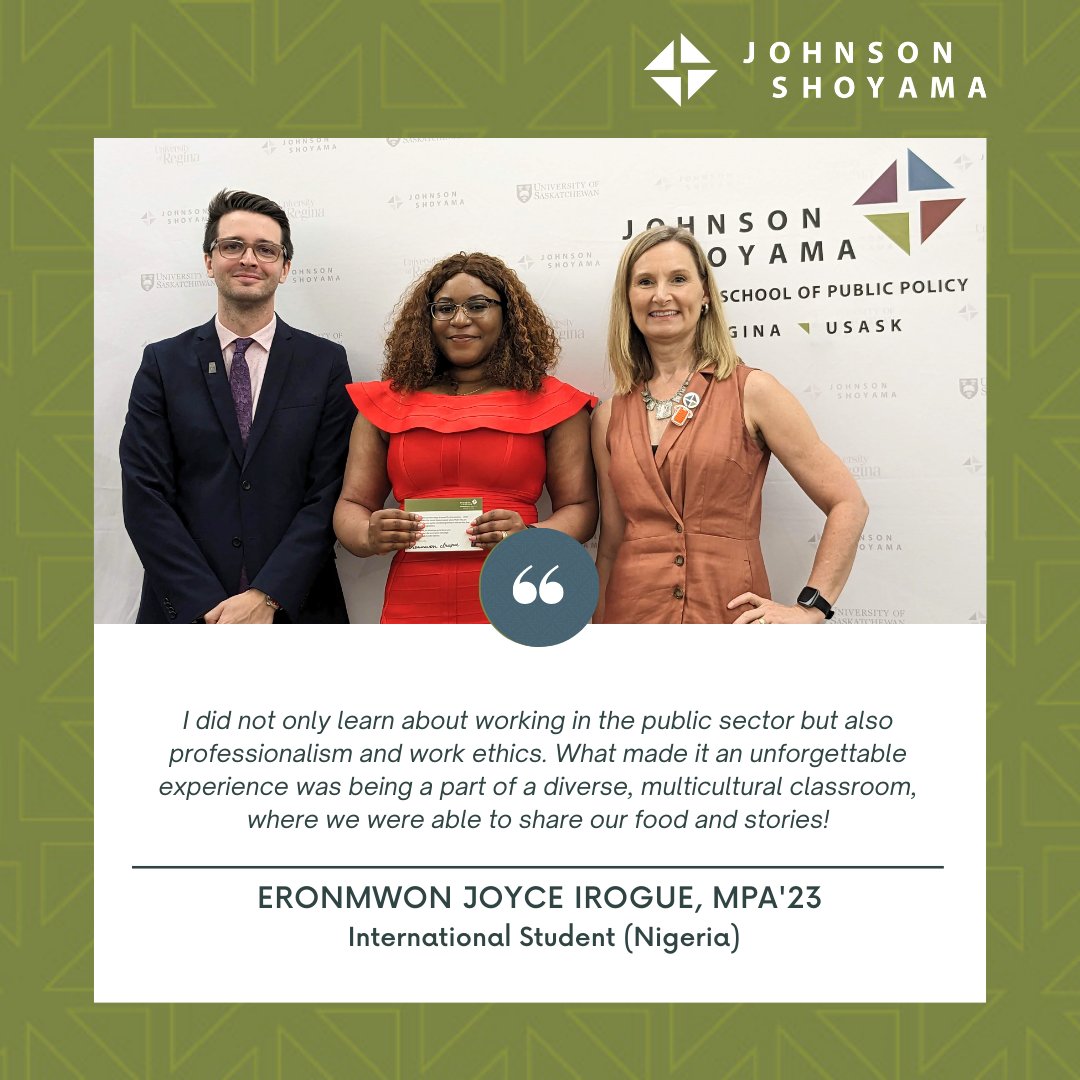 JSGSPP's tweet photo. Hear it from @2irogue, who carved her career path as a Policy Analyst with @YourAlberta through our #MPA program at @usask campus. When asked why she chose #JSGS, she replied, “I heard from a friend that this was the best graduate program in Canada." https://t.co/6zjXVqthAr