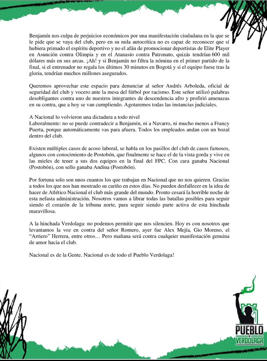 PuebloVerdolaga's tweet photo. Comunicado a la opinión pública sobre persecución y censura por parte de algunos empleados de Atlético Nacional sobre la barra Pueblo Verdolaga

#NacionalEsDeLaGente https://t.co/S3JTlAUfX7