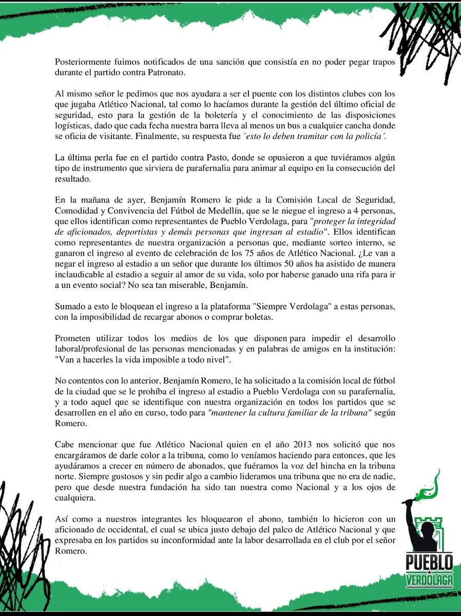 PuebloVerdolaga's tweet photo. Comunicado a la opinión pública sobre persecución y censura por parte de algunos empleados de Atlético Nacional sobre la barra Pueblo Verdolaga

#NacionalEsDeLaGente https://t.co/S3JTlAUfX7