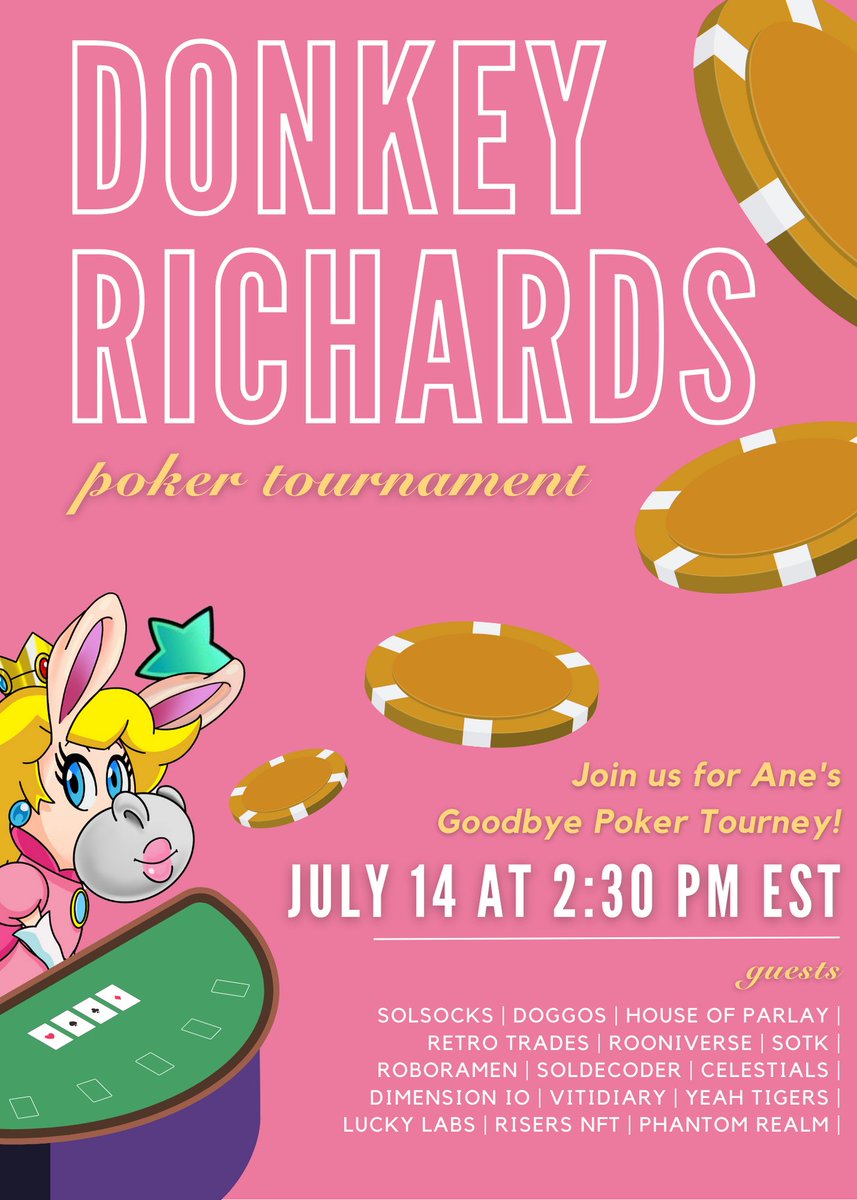 The Donkey Richards NFT (@thednkyrichards) on Twitter photo πΈ Join us for Ane's Goodbye Poker Tourney! πΈ
β° Friday, July 14 at 2pm EST
π Prizes from:
<a href="/SolSocksDAO/">SolSocksDAO</a>
<a href="/DoggosNFTs/">Doggos πΆπ¦΄</a>
<a href="/Retro_Trades/">RetroTrades</a>
<a href="/playrooniverse/">ROONIVERSE (πΆ,πͺ)</a>
<a href="/sotk_nft/">Sisterhood of the Knives</a>
<a href="/HouseofParlay/">House of Parlay</a> and moreπ
We hope to see you there so we can send her off with a big hoorah! ππ
LFG! HEEHAW! π₯ πΈ Join us for Ane's Goodbye Poker Tourney! πΈ
β° Friday, July 14 at 2pm EST
π Prizes from:
<a href="/SolSocksDAO/">SolSocksDAO</a>
<a href="/DoggosNFTs/">Doggos πΆπ¦΄</a>
<a href="/Retro_Trades/">RetroTrades</a>
<a href="/playrooniverse/">ROONIVERSE (πΆ,πͺ)</a>
<a href="/sotk_nft/">Sisterhood of the Knives</a>
<a href="/HouseofParlay/">House of Parlay</a> and moreπ
We hope to see you there so we can send her off with a big hoorah! ππ
LFG! HEEHAW! π₯