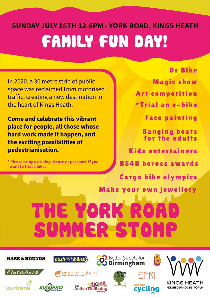 Come and join us for a free family fun day this Sunday in the York Road LTN, #KingsHeath.

The York Road Summer Stomp promises to be a fantastic afternoon out. Please share!

@KingsHeathRF @KingsHeathbid @David4BKH @LisaTrickett41 @LizClements